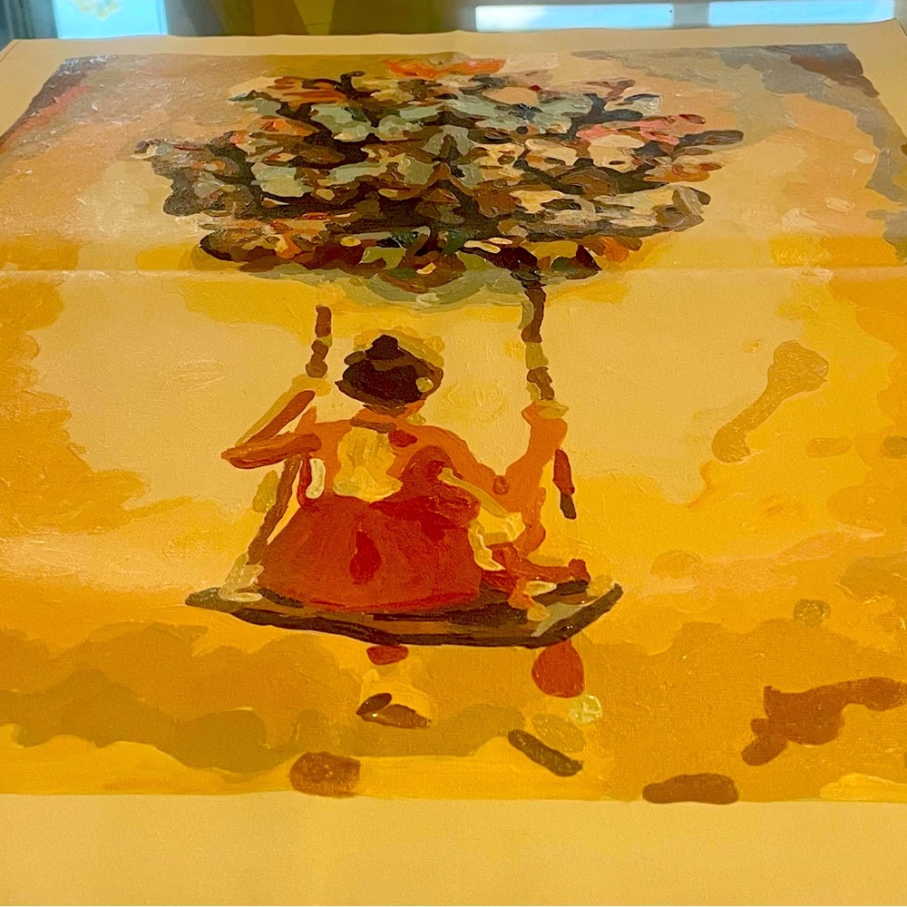 Colorful oil and acrylic paintings; different patterns and colors.